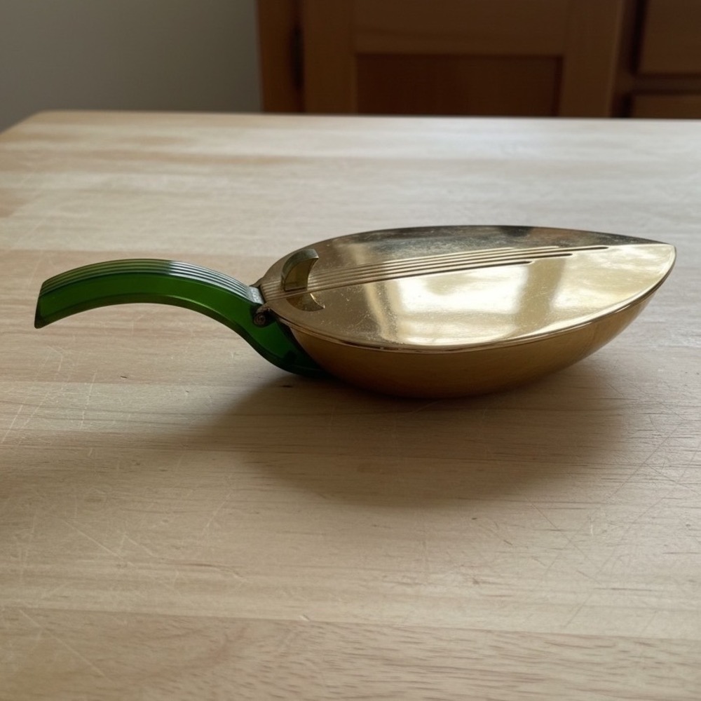 Vintage National Silver Co Emerald-Glo Silent Butler Art Deco Leaf Gold Green